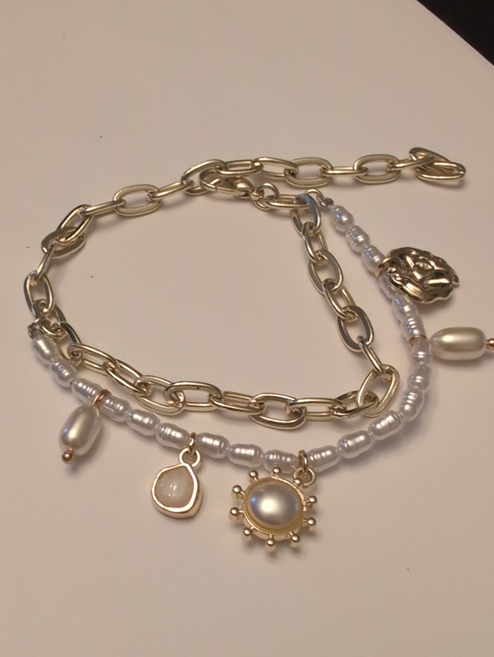 Gold & Pearl Charm Double Bracelet - White Pearls